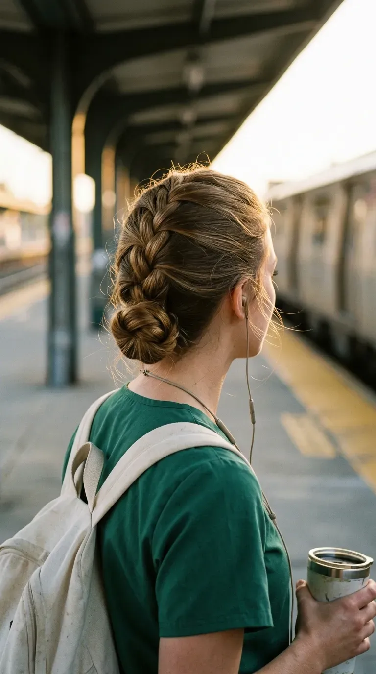 Three quarter back view of a French braid and low bun on a platform