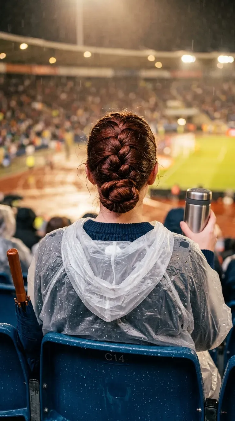 French braid ending in a low bun under a clear rain poncho