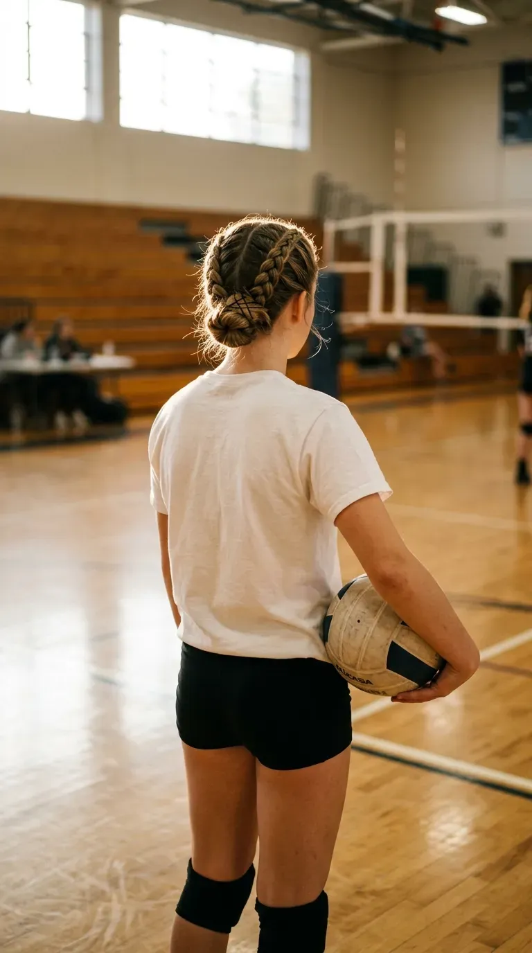 Two French braids pinned into a low bun on a volleyball player in a gym
