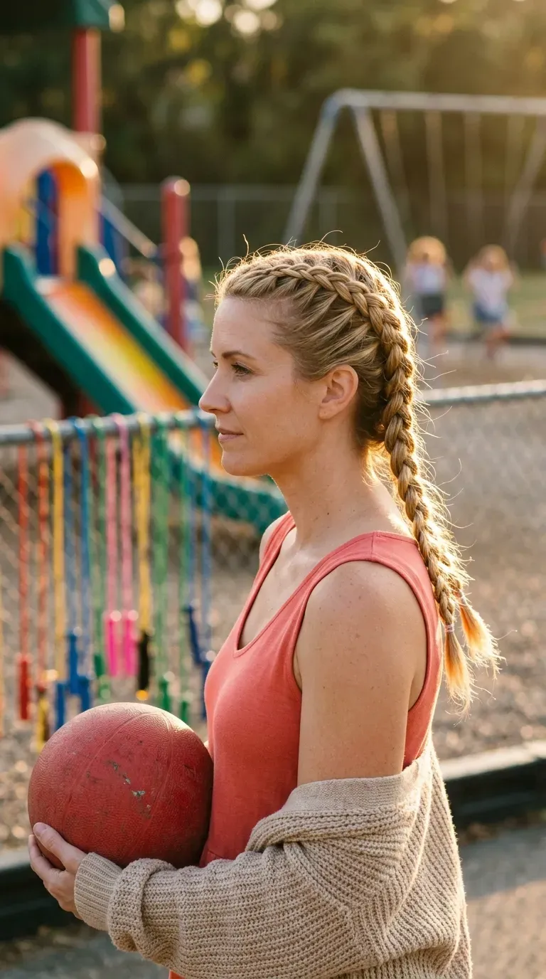 Side profile of French braid pigtails on a playground at recess