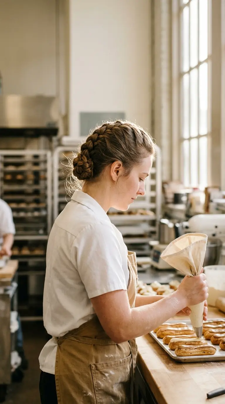 Side profile of a pastry cook with a French braid folded and pinned at the nape