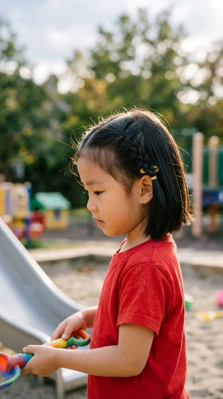 Three quarter back view of a Black girl with two French braids on stretched coily hair at a backyard birthday party