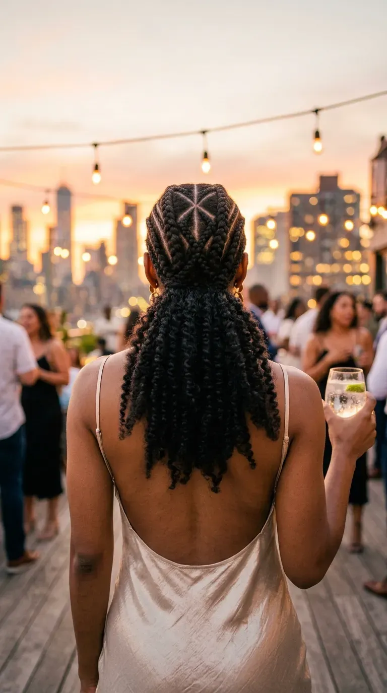Two French braids meeting in a small top knot with copper curls hanging below