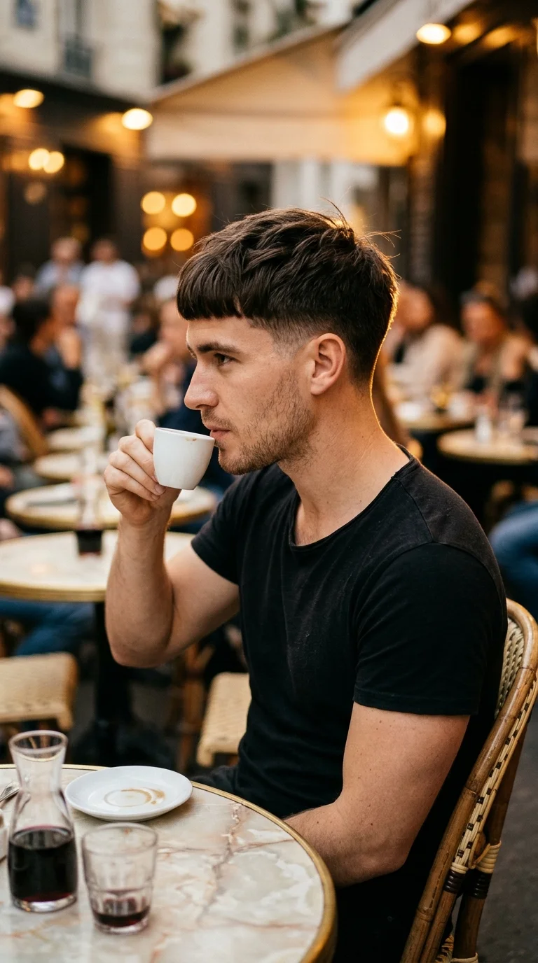 Side profile of a dark brown French crop with blunt fringe and mid fade