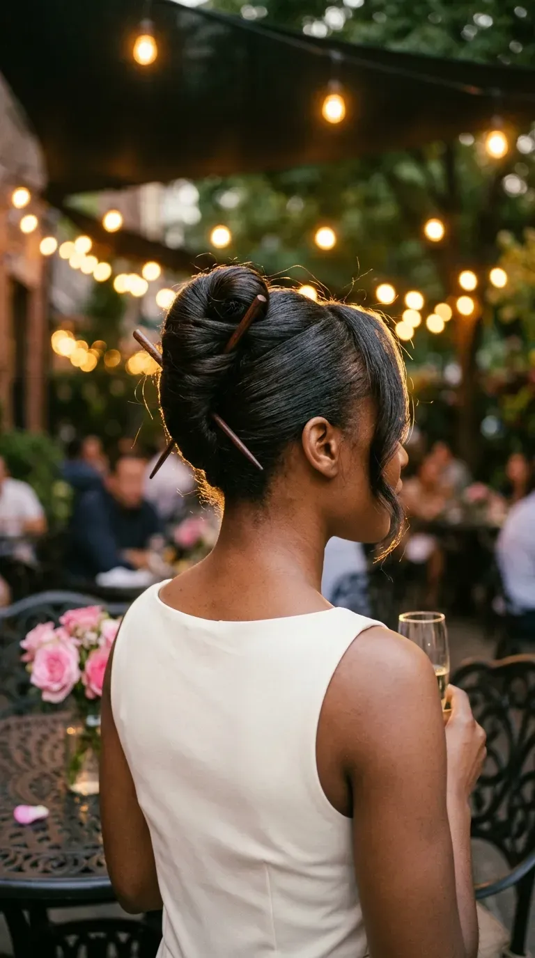 Three quarter back view of a French roll on pressed hair at a patio dinner