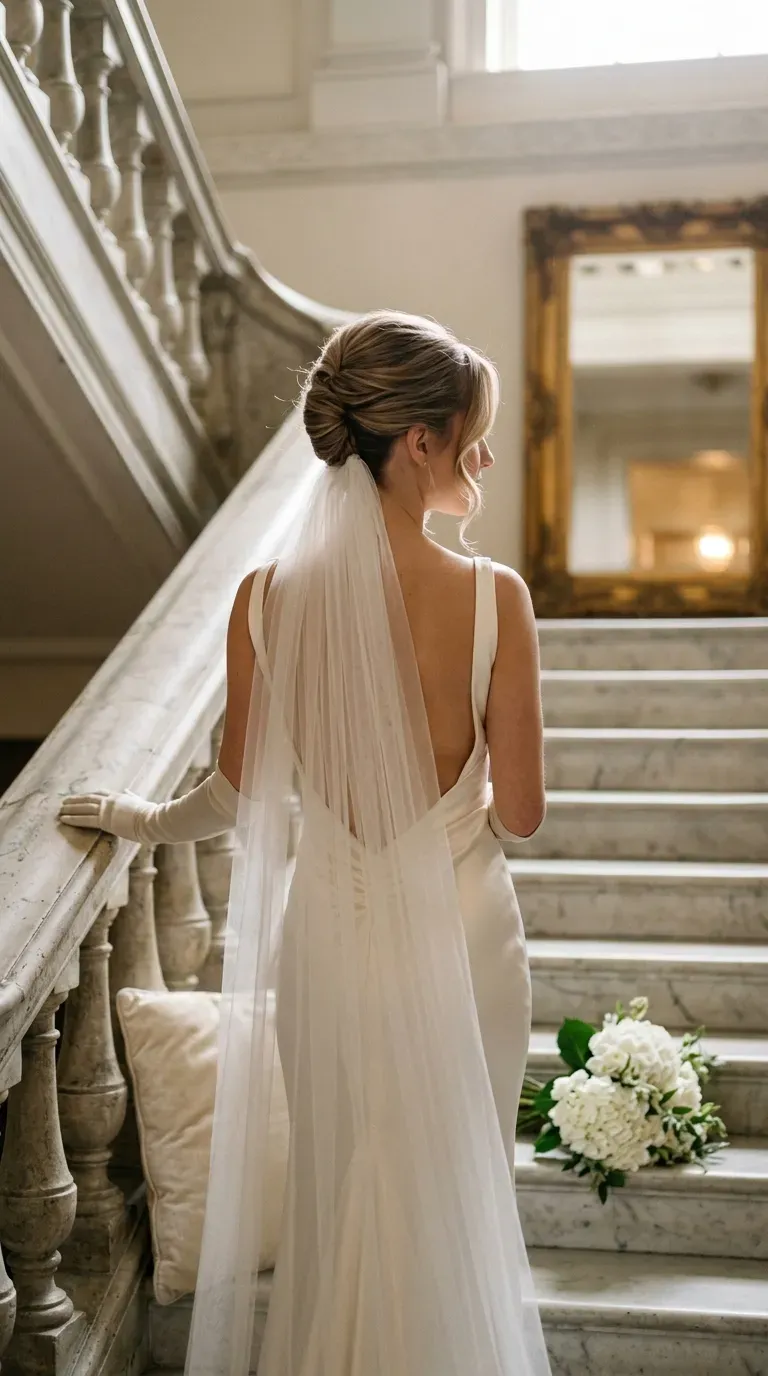 Three quarter back view of a French twist with a long cathedral veil