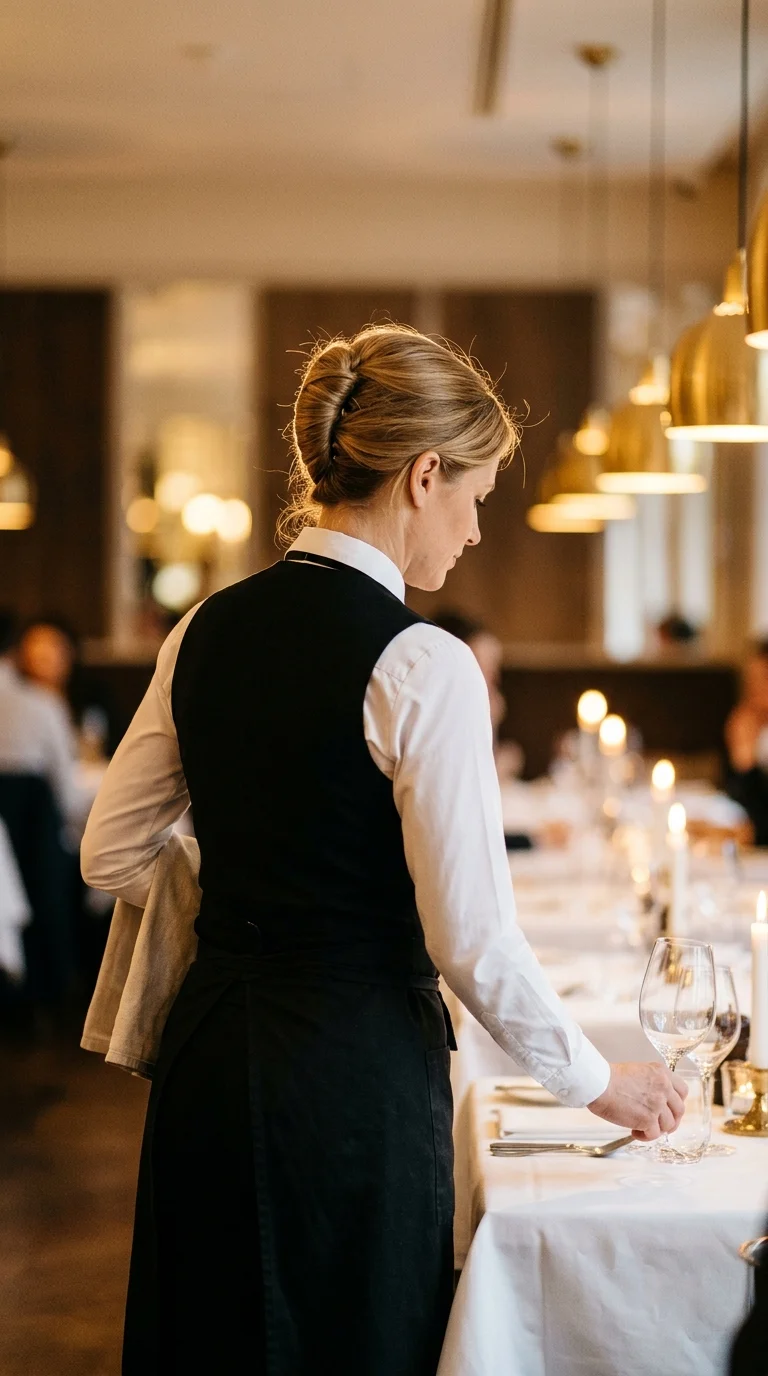 Three quarter back view of a fine dining server with a smooth French twist