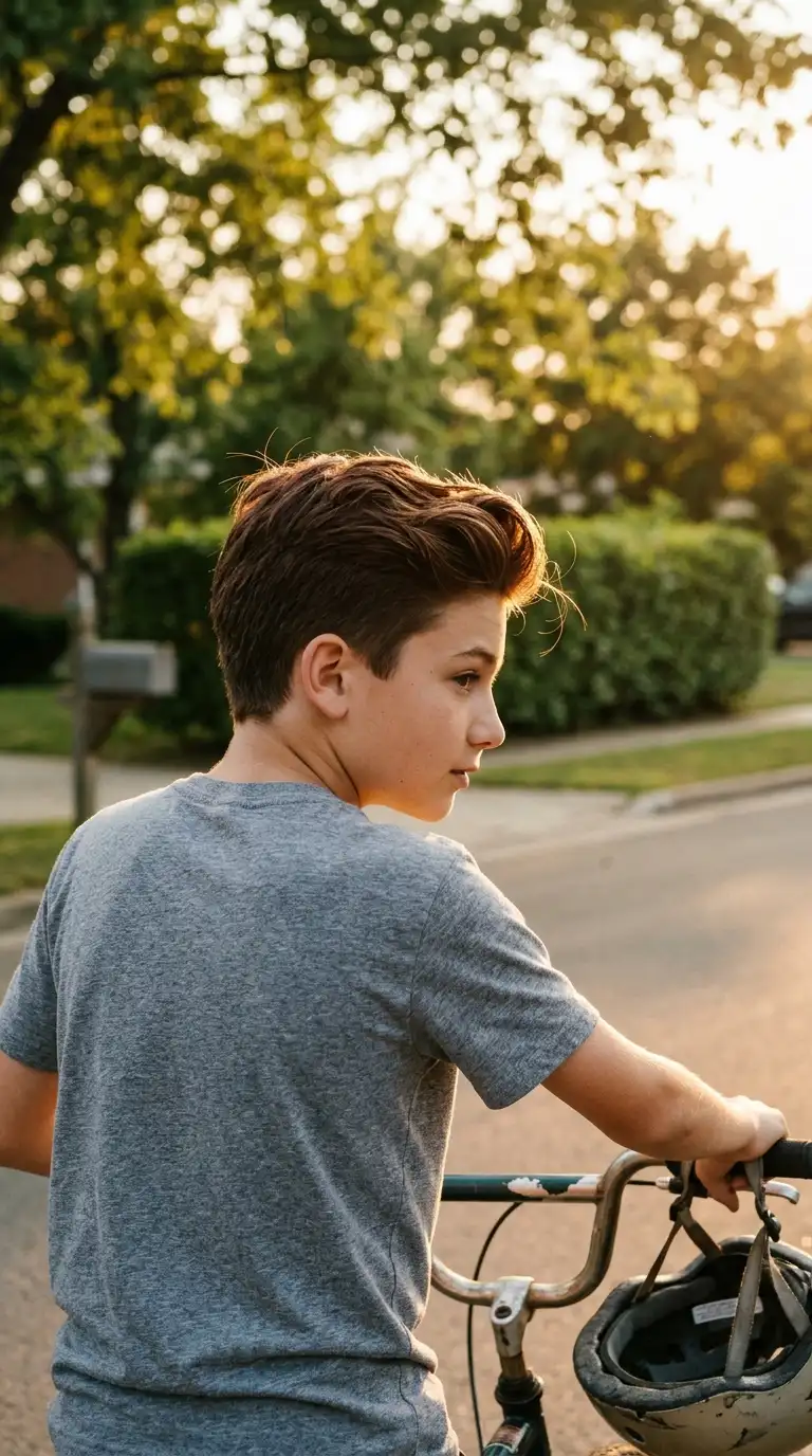 Three quarter back view of a boy with a fringe up quiff on a bike