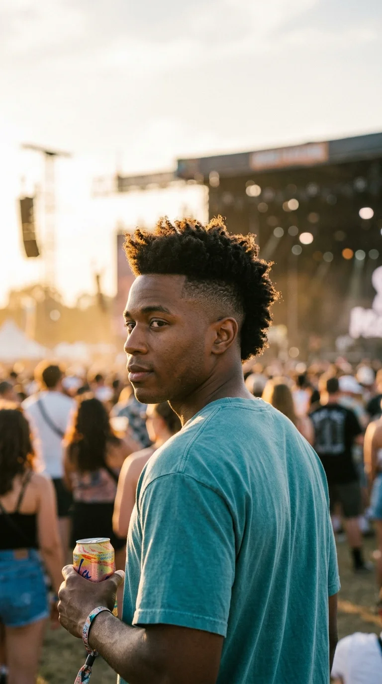 Over the shoulder view of a Black man with a frohawk and faded sides