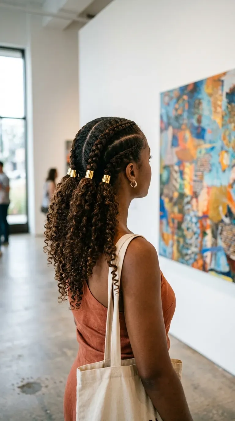 Stitch braids with gold cuffs, front braids with curly hair in the back
