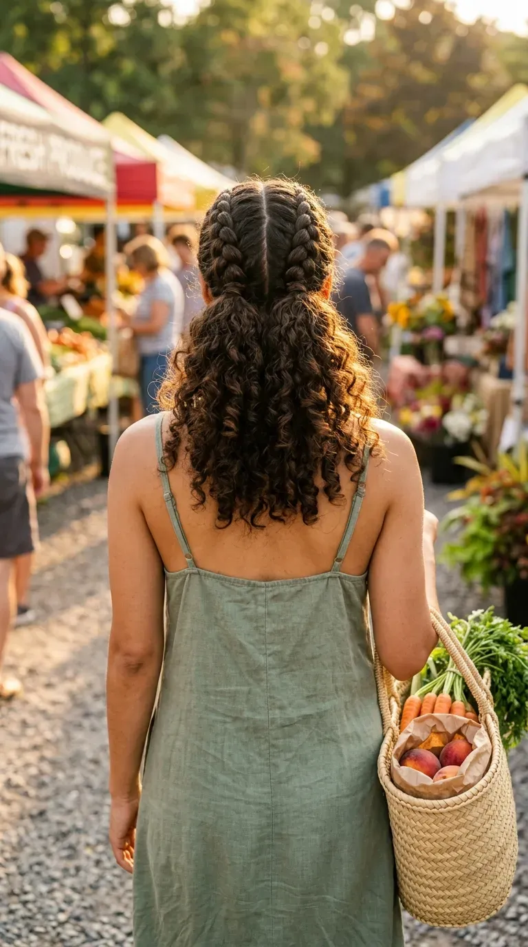 Two Dutch braids ending at the crown over loose dark brown curls, back view