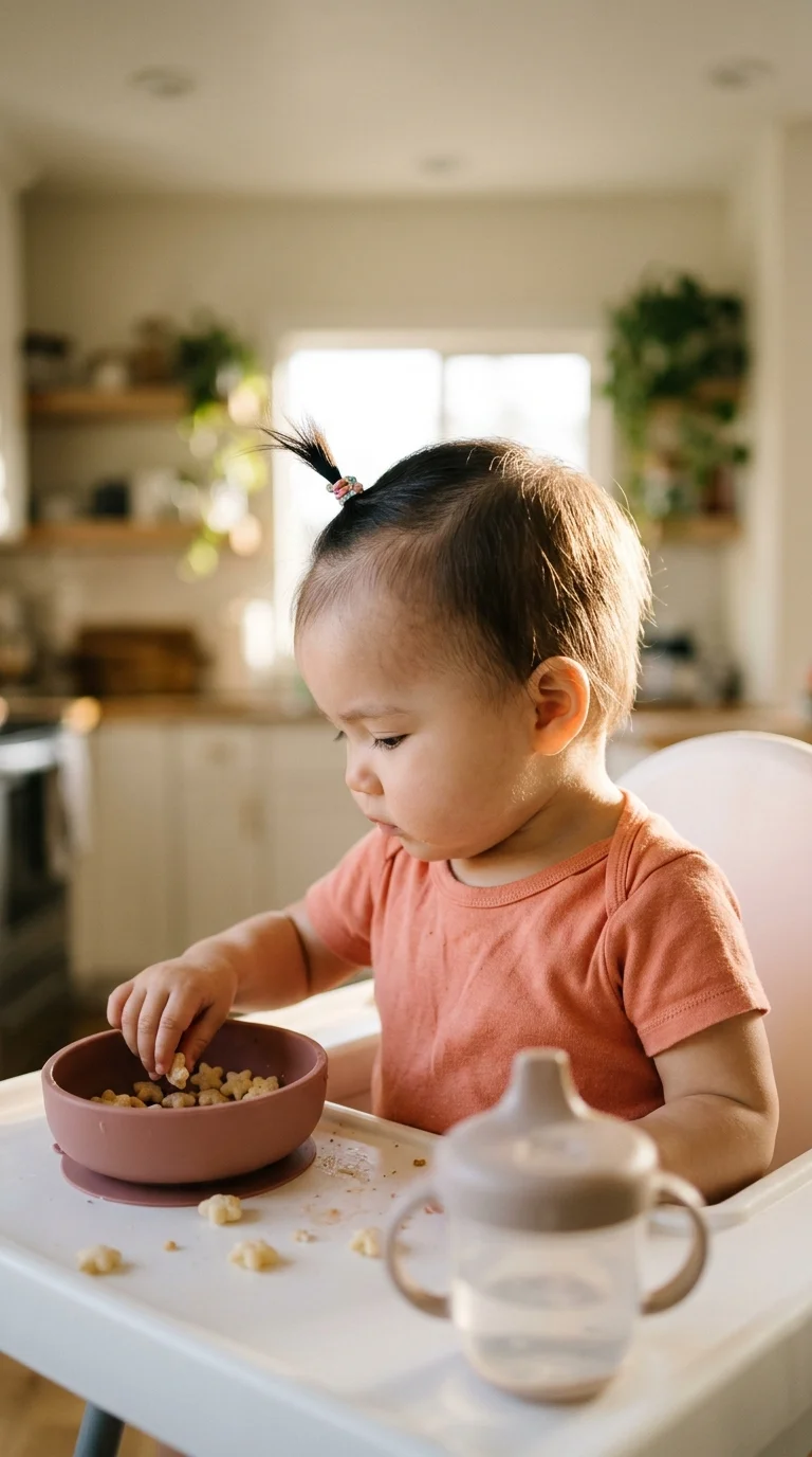 Three quarter back view of a baby with a soft front puff in coily hair