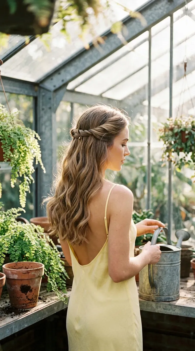 Three quarter back view of front twists pinned back in a sunny greenhouse