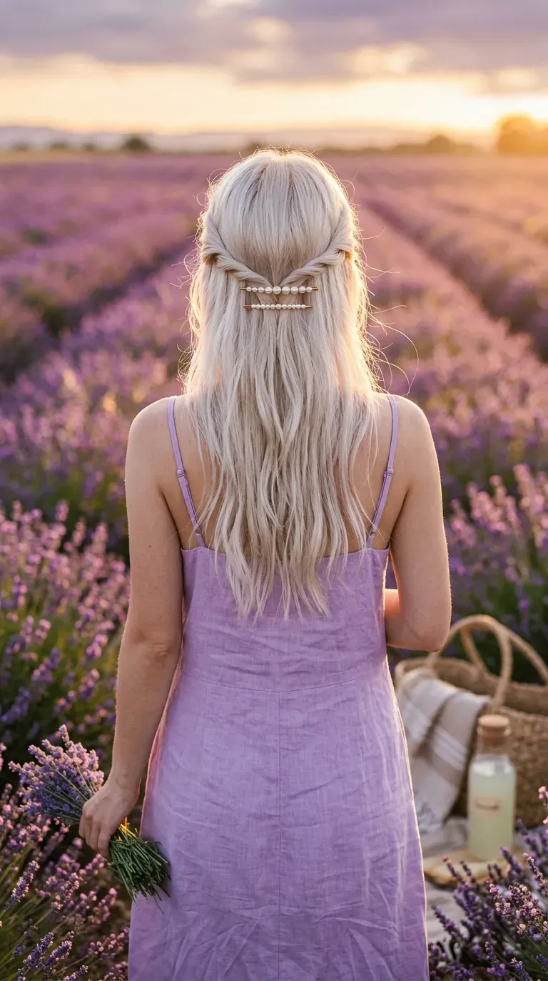 Two twisted sections pinned with pearl pins over loose blonde hair in lavender field