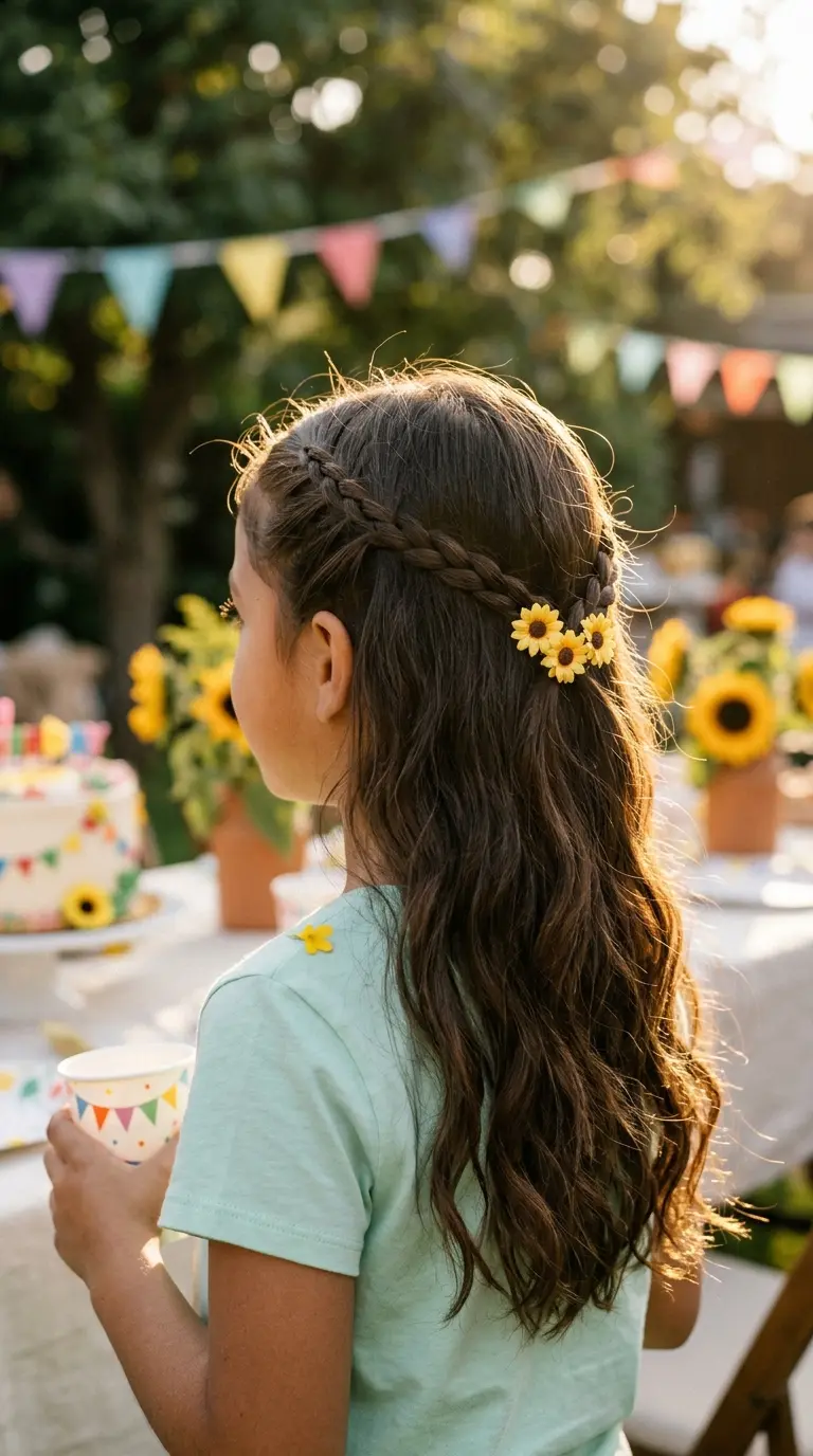 Three quarter back view of a girl with a braided half up style and small sunflower clips at a summer birthday party