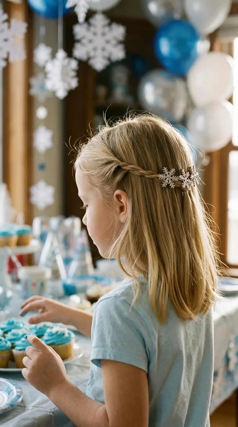Frozen hairstyles for kids example, a girl with loose hair, twisted sides, and silver snowflake clips at a winter party