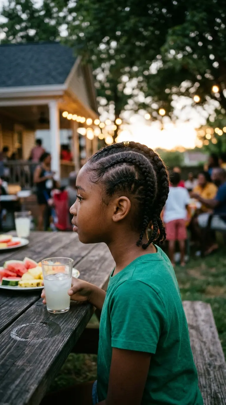 Side profile of a girl with Fulani inspired cornrows and a gold cuff