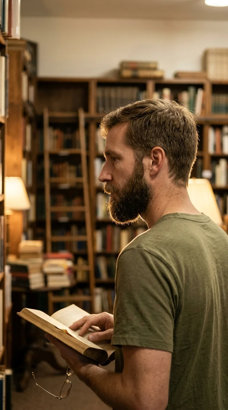 Three quarter back view of a full beard kept wide at the cheeks