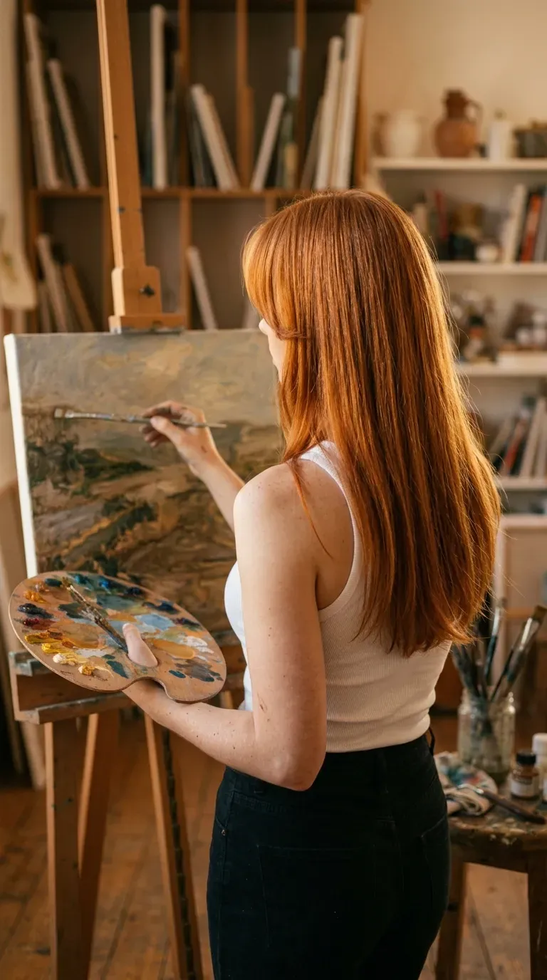 Copper red long hair with full curtain bangs seen in profile in art studio