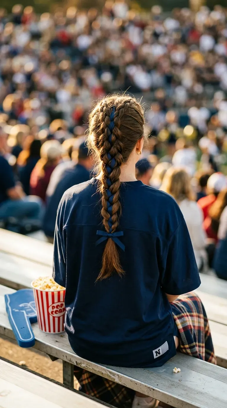 Back view of game day hairstyles with a team color ribbon Dutch braid