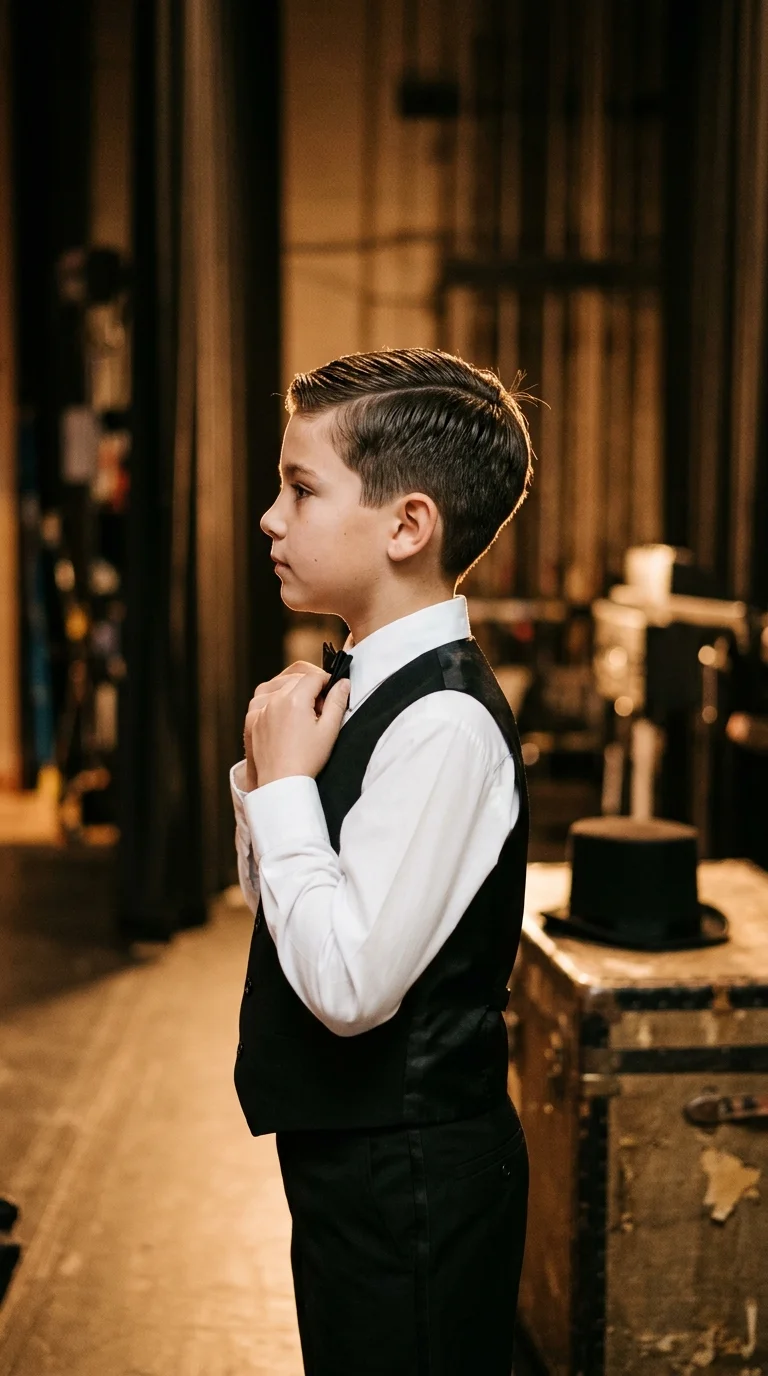 Three quarter front side view of a boy dancer with a neat gelled side part backstage