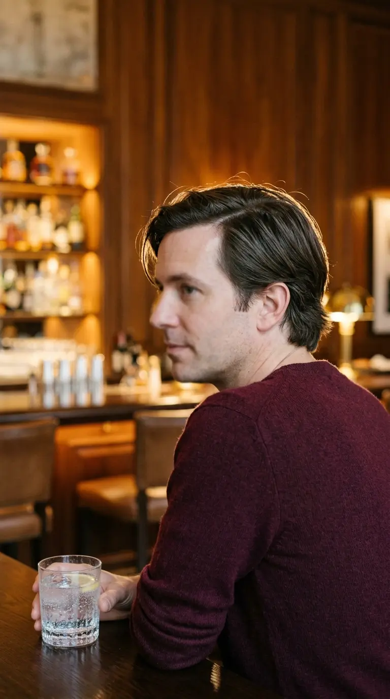 Three quarter back view of a man with a medium length side part combed neatly across