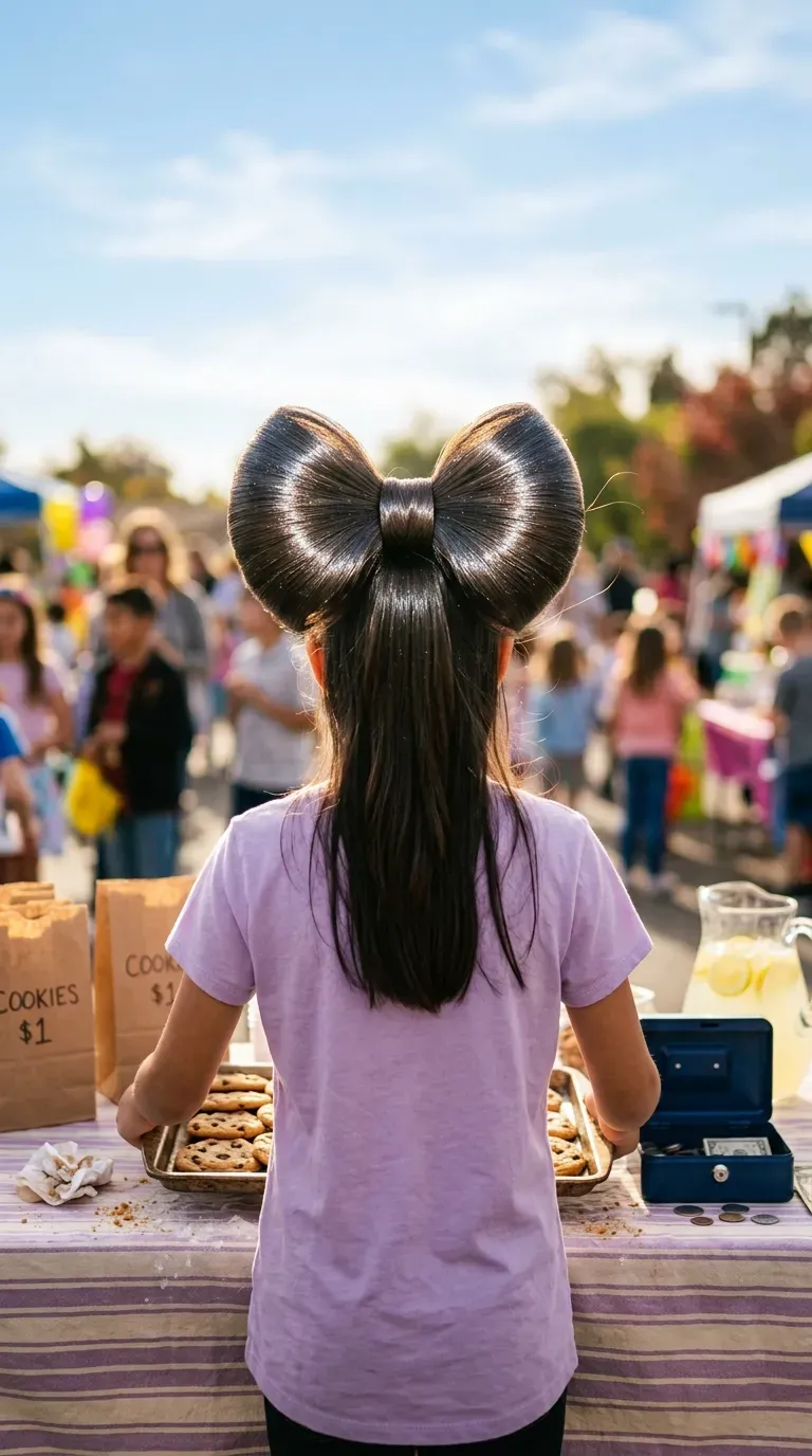 Big bow shaped from her own hair on top of her head