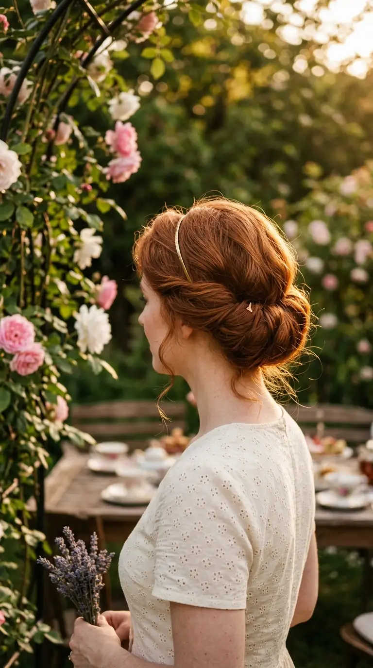 Back view of a Gibson tuck with hair rolled over a thin stretchy headband
