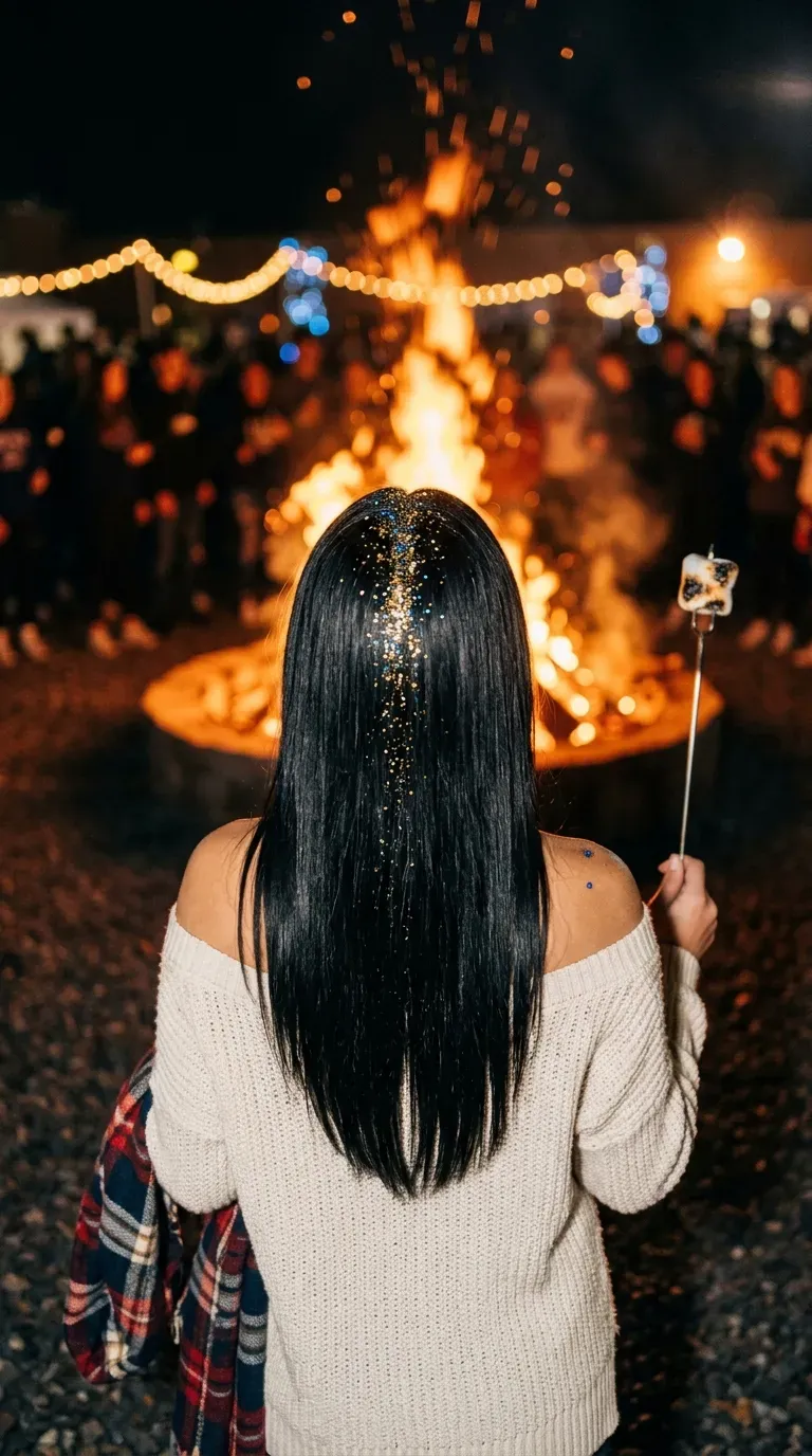 Sleek middle part lined with cosmetic glitter at a homecoming pep rally