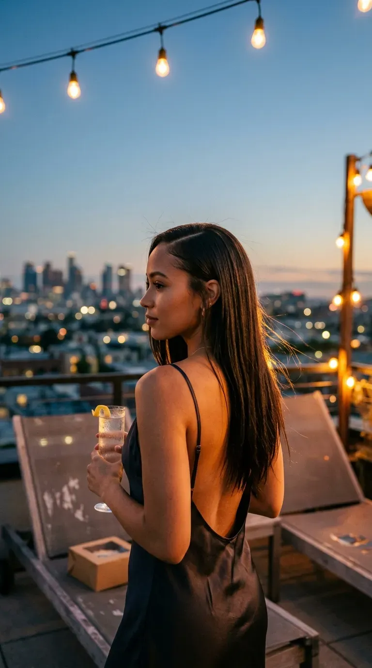 Three quarter back view of glossy straight hair with a side part on a rooftop