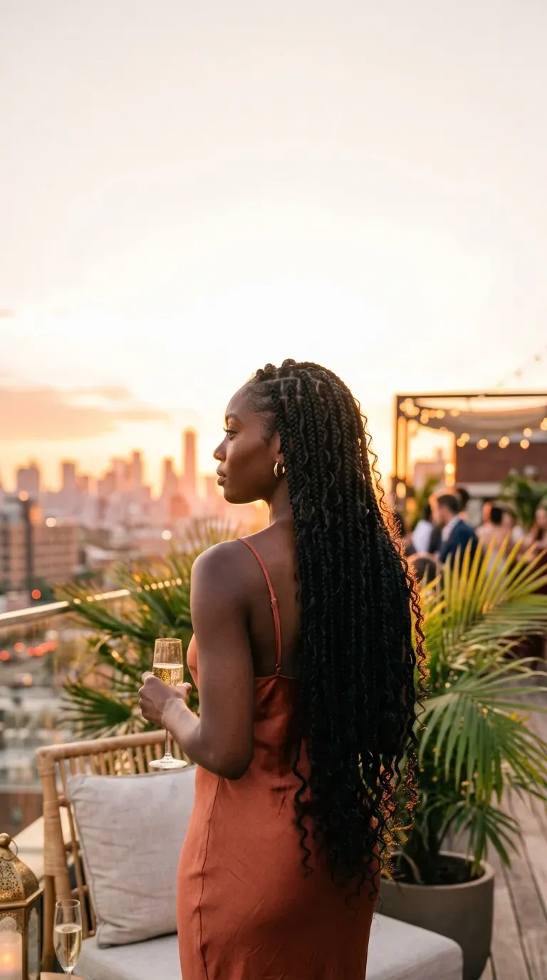 Back view of waist length goddess braids with loose curls at a rooftop sunset