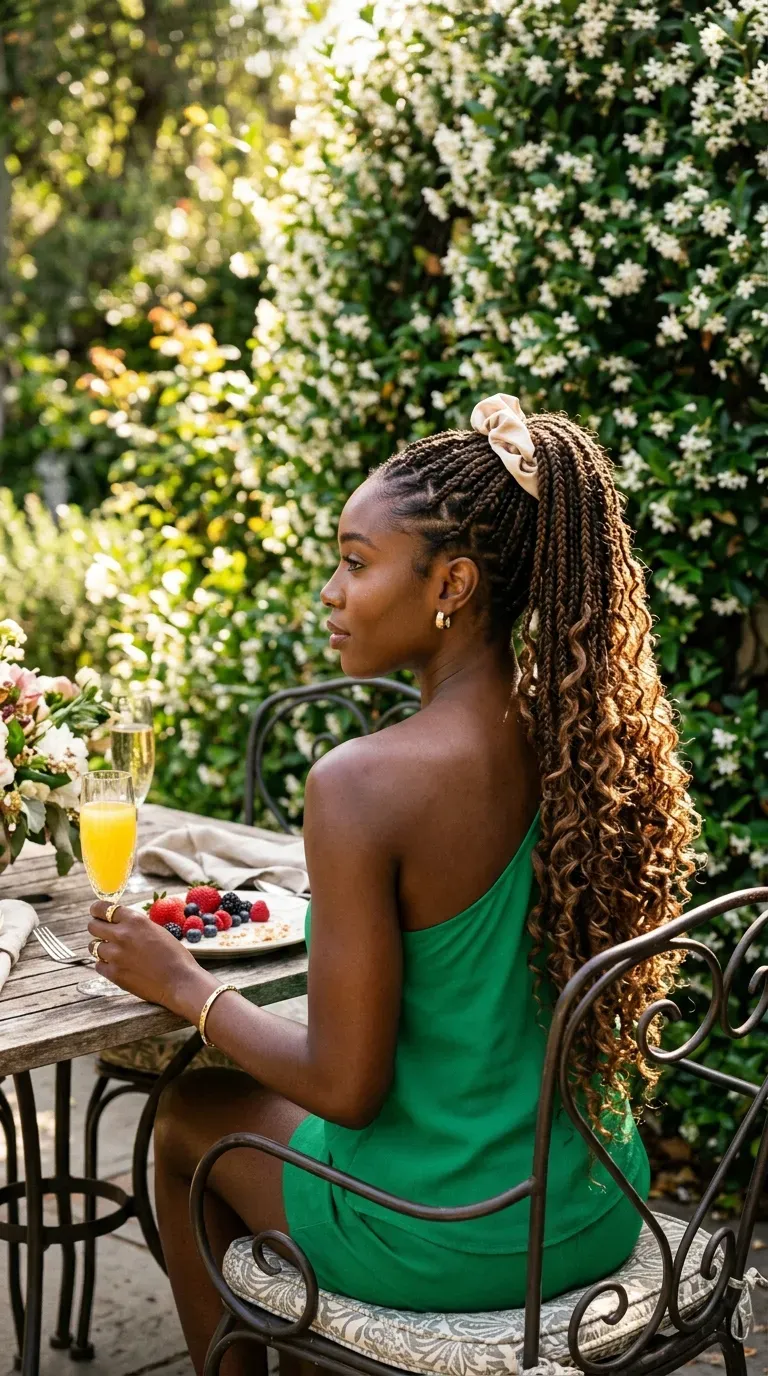 High goddess braid ponytail with a satin scrunchie at a garden brunch