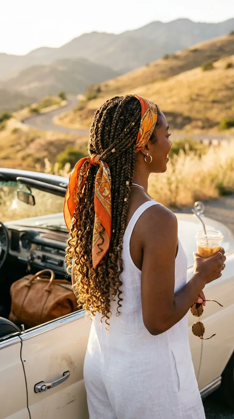 Goddess braids threaded with natural wooden beads above the curly ends at a craft market