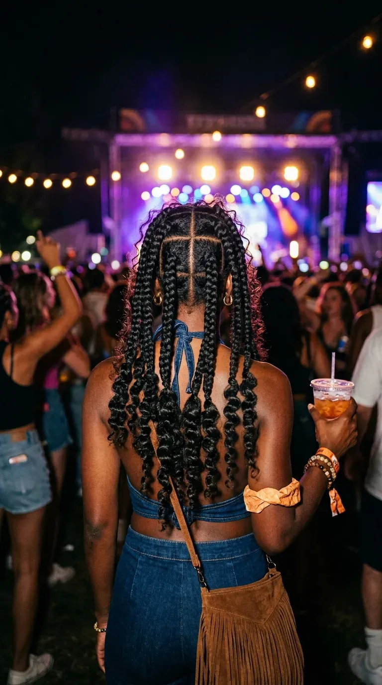 Mid back goddess faux locs with curly strands at a lakeside picnic