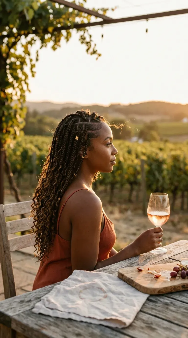 Side profile of boho knotless braids with gold cuffs and curly ends at a vineyard