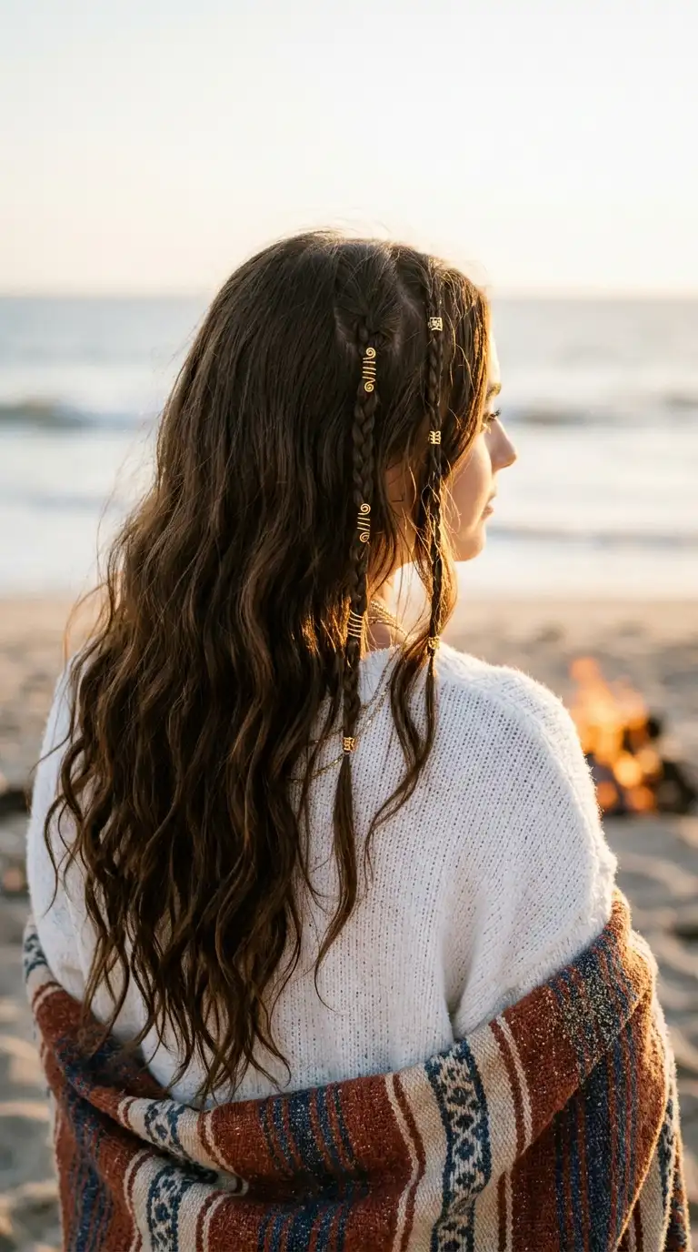 Close side view of three skinny braids decorated with small gold hair cuffs hidden among long loose waves