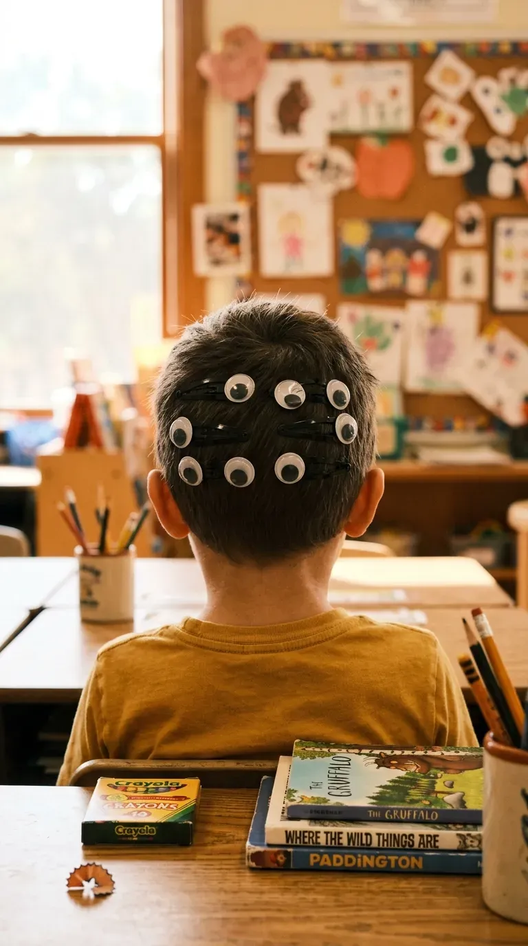 Rows of snap clips with googly eyes on a child's short hair