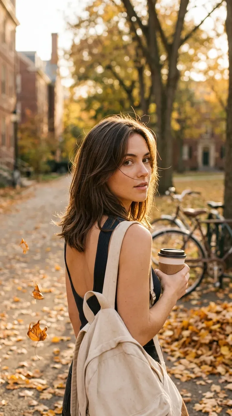 Over the shoulder view of soft grow out layers on an autumn campus path