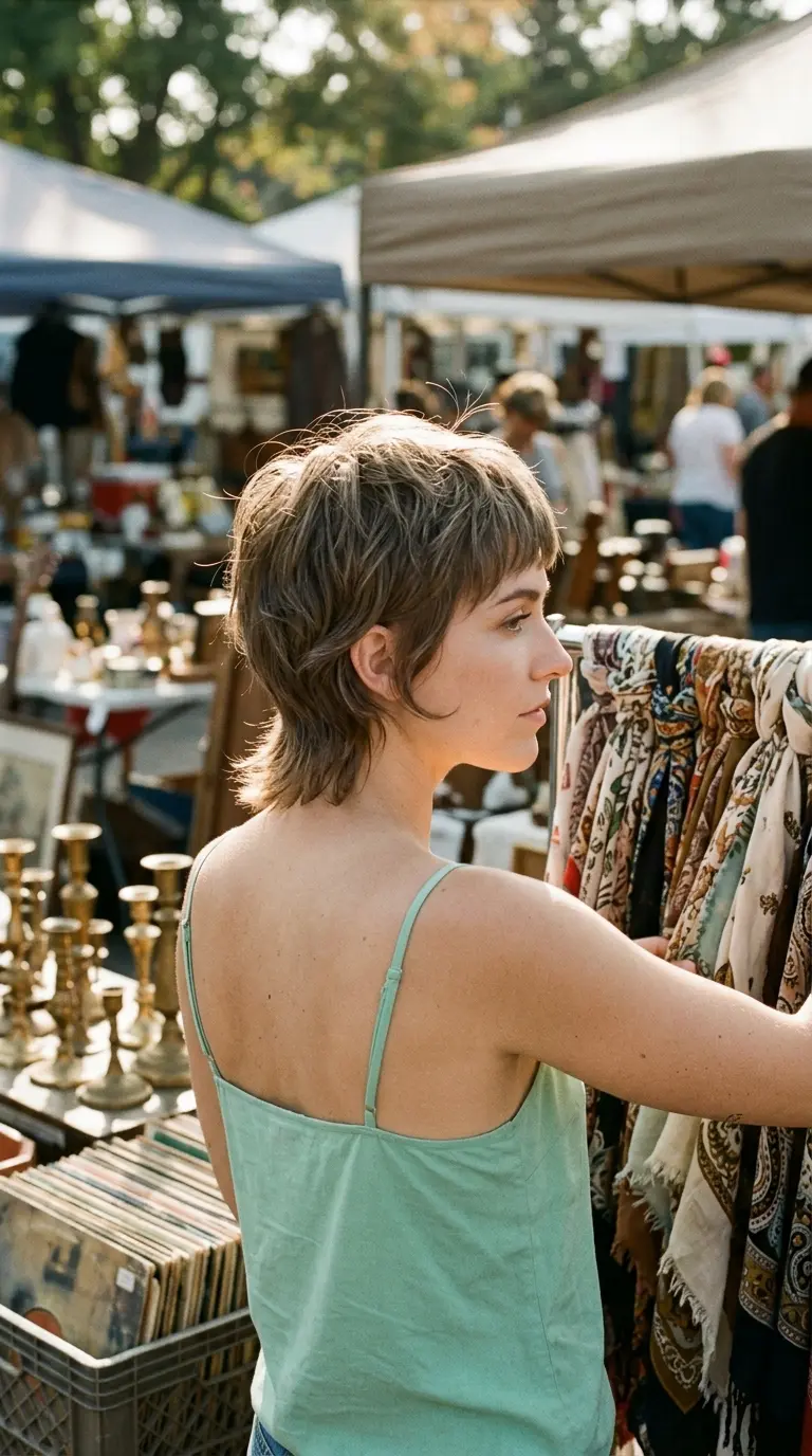 Three quarter back view of an ash brown grown out pixie shag