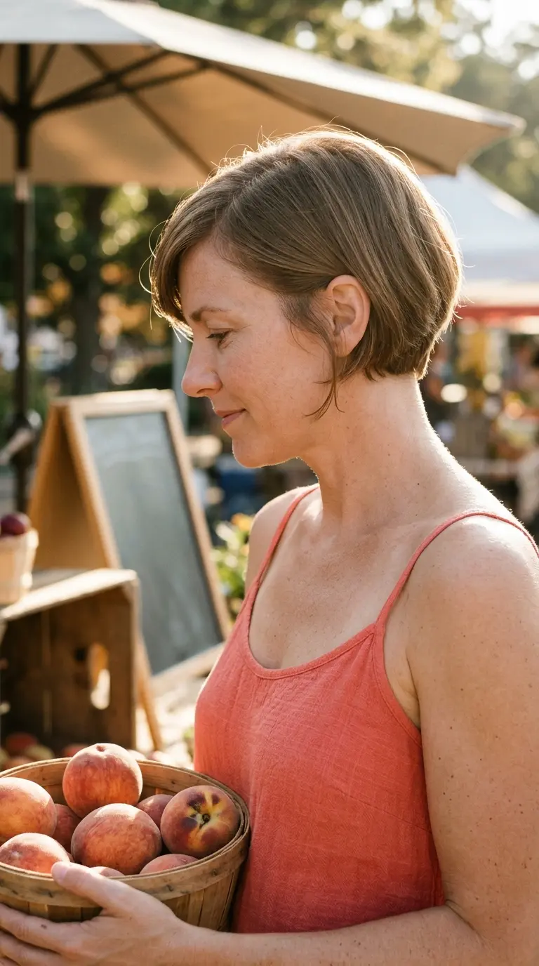 Side profile of a light brown grown out pixie shaped into a short bob