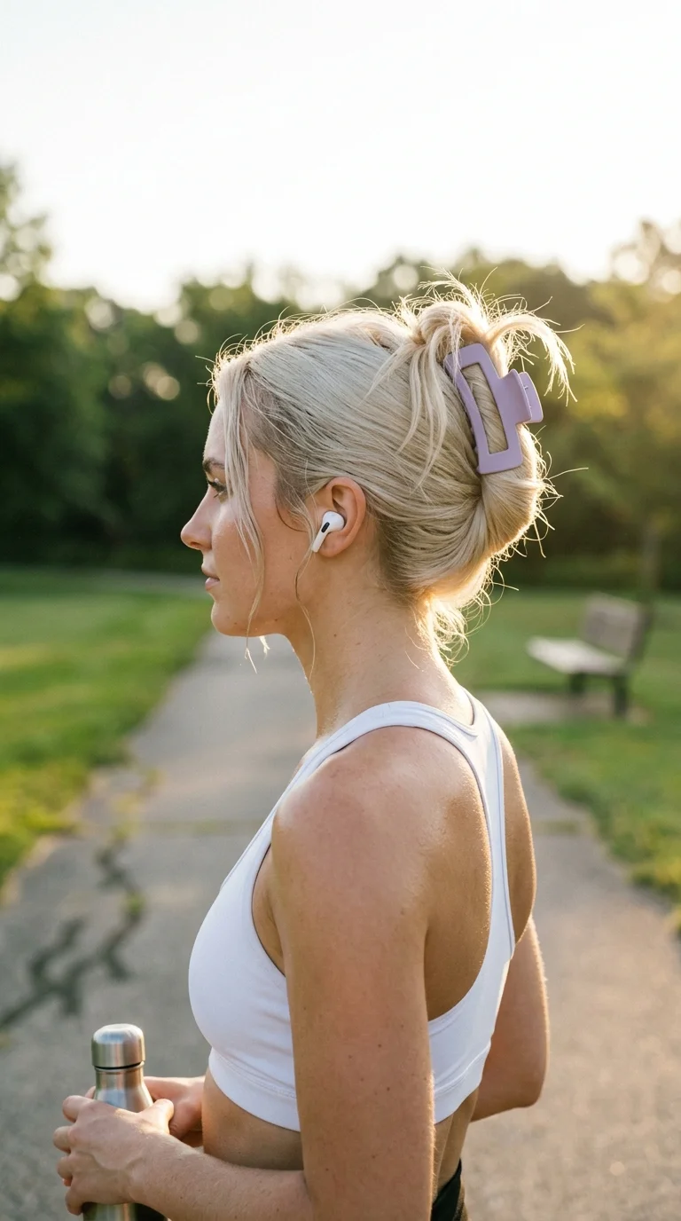 Side profile of a blonde high clip up after a run in a park