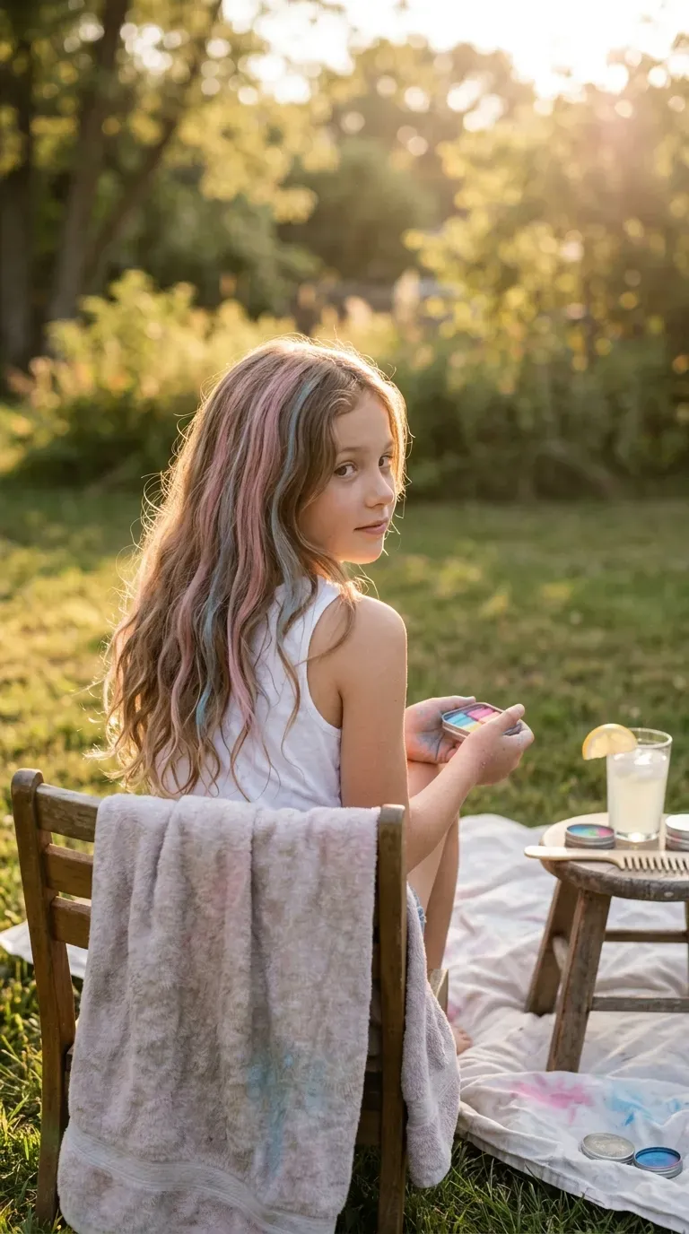 Over the shoulder view of loose waves with pink and blue chalk streaks