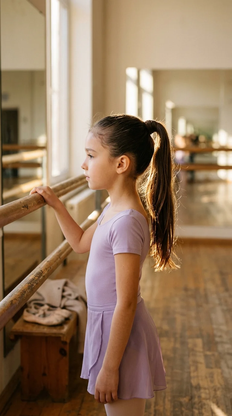 Side profile of a wrapped ponytail on a girl at a ballet barre