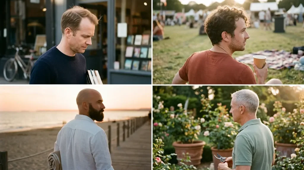 Four photo collage of haircuts for men with thinning hair, shown front and back