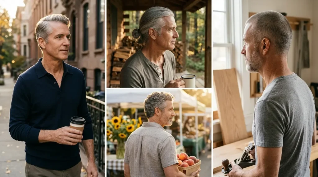 Portrait collage of four hairstyles for men over 50 in warm editorial light