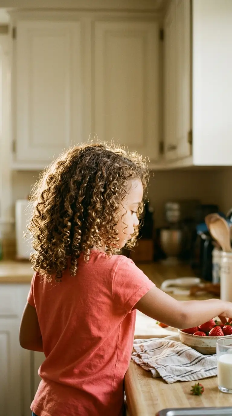 Hairstyles for mixed kids curly hair example, a biracial girl with a defined wash and go in a sunny kitchen