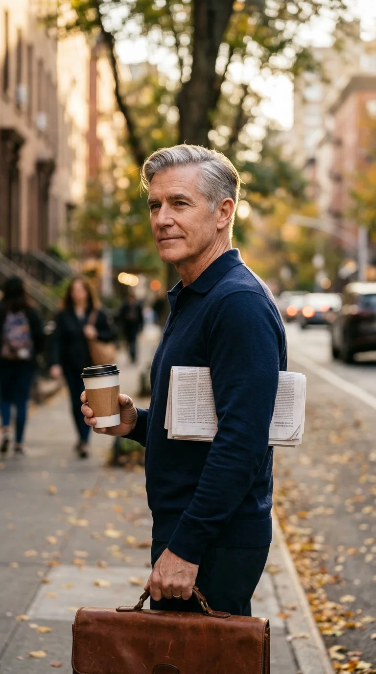 Three quarter view of a silver side part haircut on a man over 50