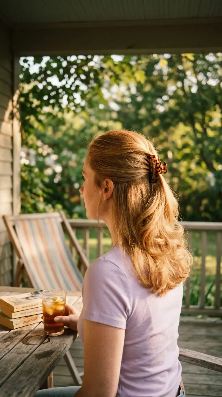 Side profile of strawberry blonde half up blowout held with tortoiseshell claw clip