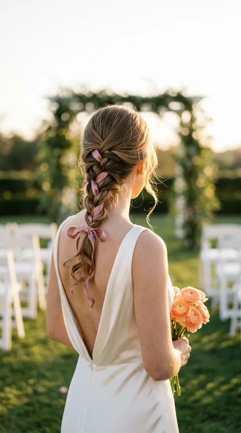 Back view of light brown half up braid with a satin ribbon woven through