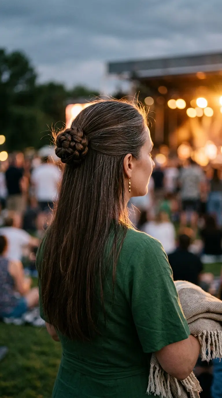Three quarter back view of a braid wound into a small bun at the back of the head above long straight hair